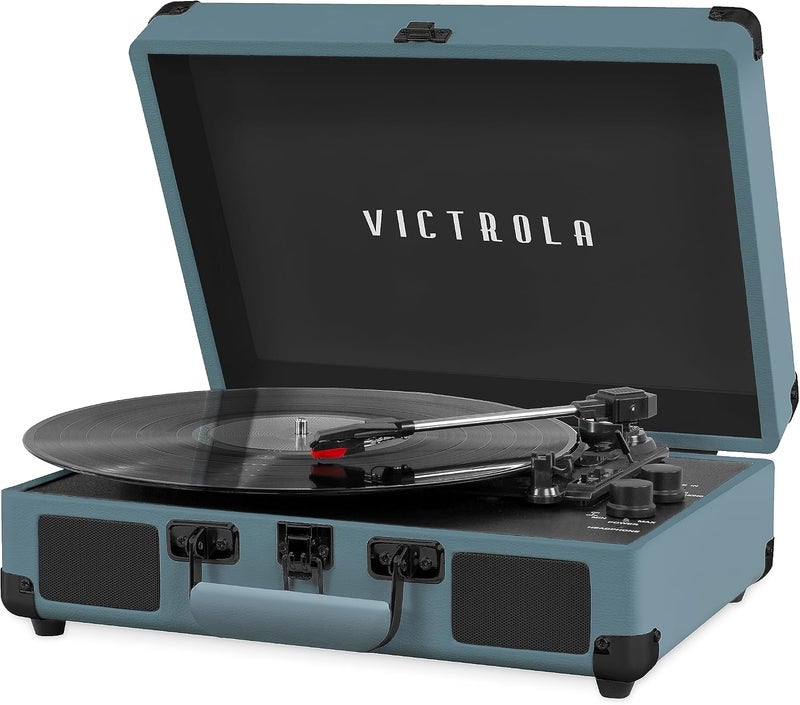 Victrola Vintage 3-Speed Bluetooth Portable Suitcase Record Player with Built-in Speakers - Smoky Blue - Image 1
