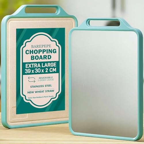 BAREPEPE Reversible 2 in 1 Steel Chopping Board – Double Sided Cutting Board for Kitchen, Stainless Steel & Wheat Straw Material, Heavy Duty Ideal for Meat, Vegetables & Family Cooking 39x30 CM - Green - Image 1