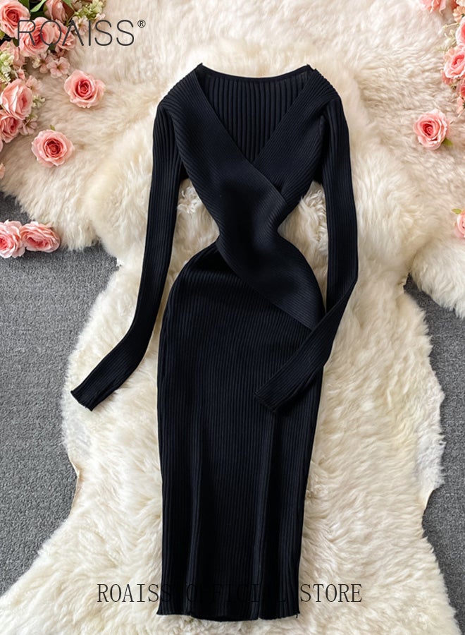 roaiss فستان نسائي محبوك بأكمام طويلة وتصميم رقبة على شكل حرف V، خصر نحيف، فستان طويل نسائي على الطراز القديم، تصميم بلون موحد، قماش مريح وصديق للبشرة - Image 4