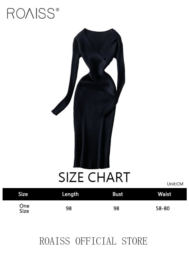 roaiss فستان نسائي محبوك بأكمام طويلة وتصميم رقبة على شكل حرف V، خصر نحيف، فستان طويل نسائي على الطراز القديم، تصميم بلون موحد، قماش مريح وصديق للبشرة - Image 5