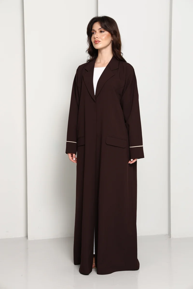MSquare Fashion Dark Chocolate Blazer-Style Abaya I Open Front  Abaya with Lapel Collar, Pockets & Piping Cuffs