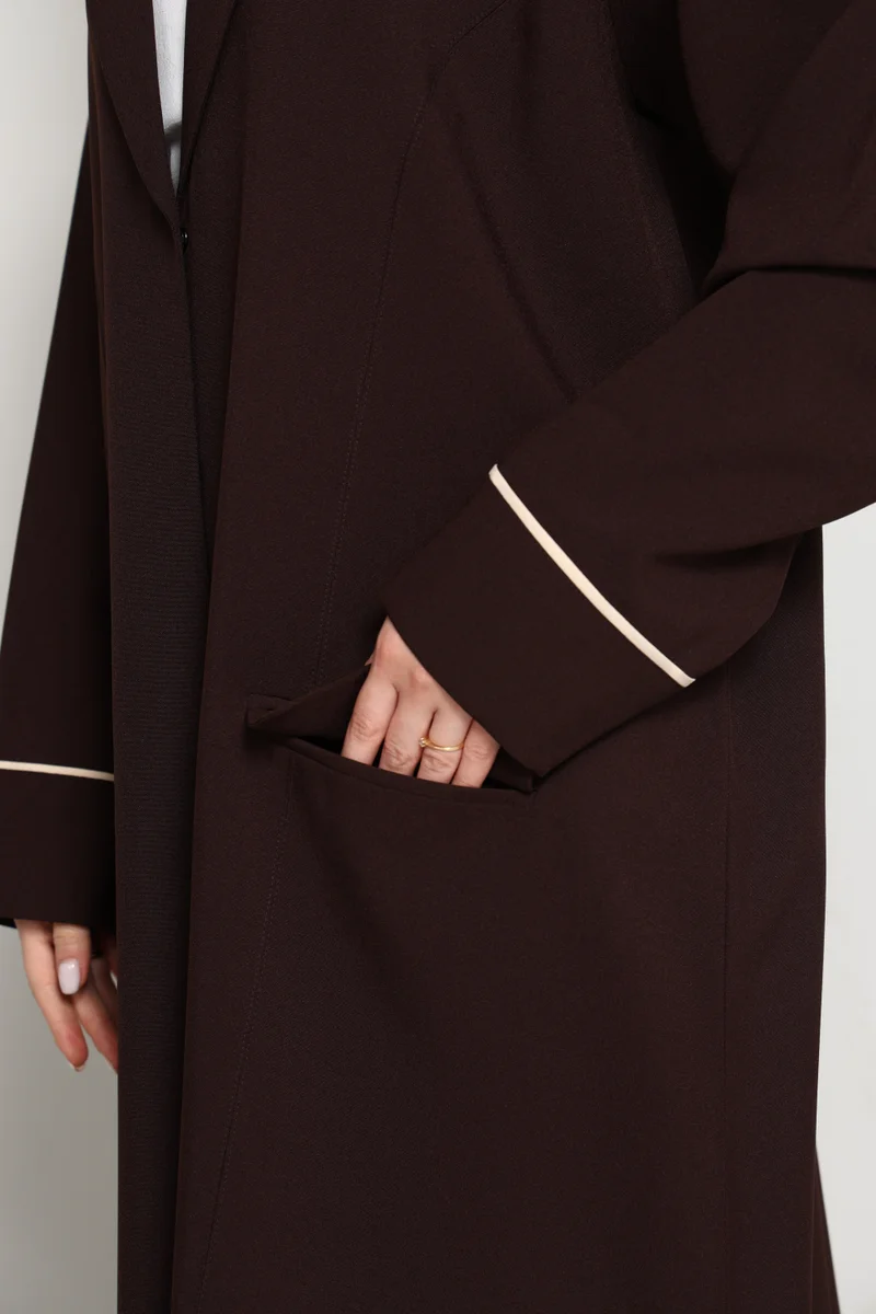 MSquare Fashion  Dark Chocolate Blazer-Style Abaya I Open Front  Abaya with Lapel Collar, Pockets & Piping Cuffs for Women | Best Price UAE