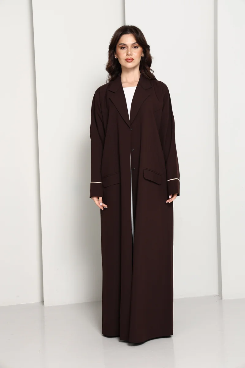 Dark Chocolate Blazer-Style Abaya I Open Front  Abaya with Lapel Collar, Pockets & Piping Cuffs