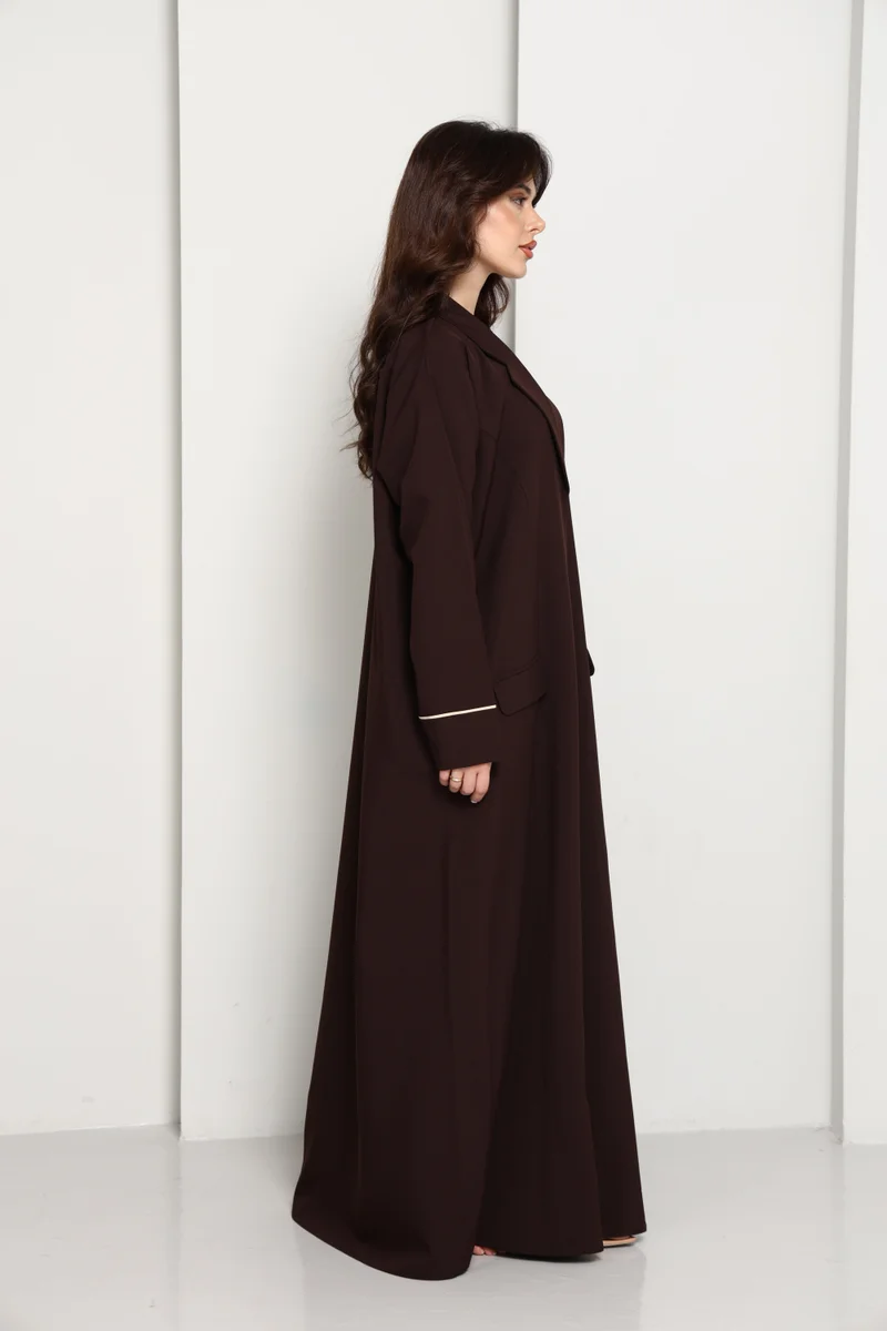 MSquare Fashion  Dark Chocolate Blazer-Style Abaya I Open Front  Abaya with Lapel Collar, Pockets & Piping Cuffs for Women | Best Price UAE