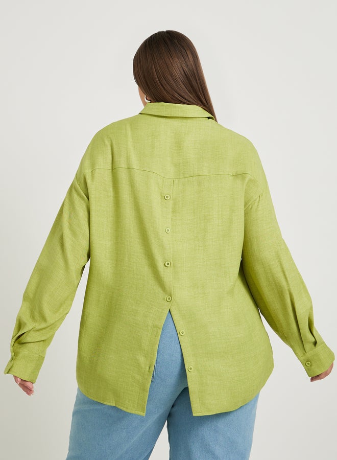 Styli Plus Size Solid Linen Look Button Back Regular Fit Shirt  - Image 1