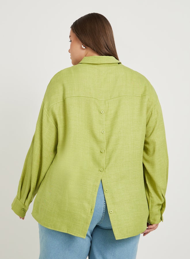 Styli Plus Size Solid Linen Look Button Back Regular Fit Shirt  - Image 5