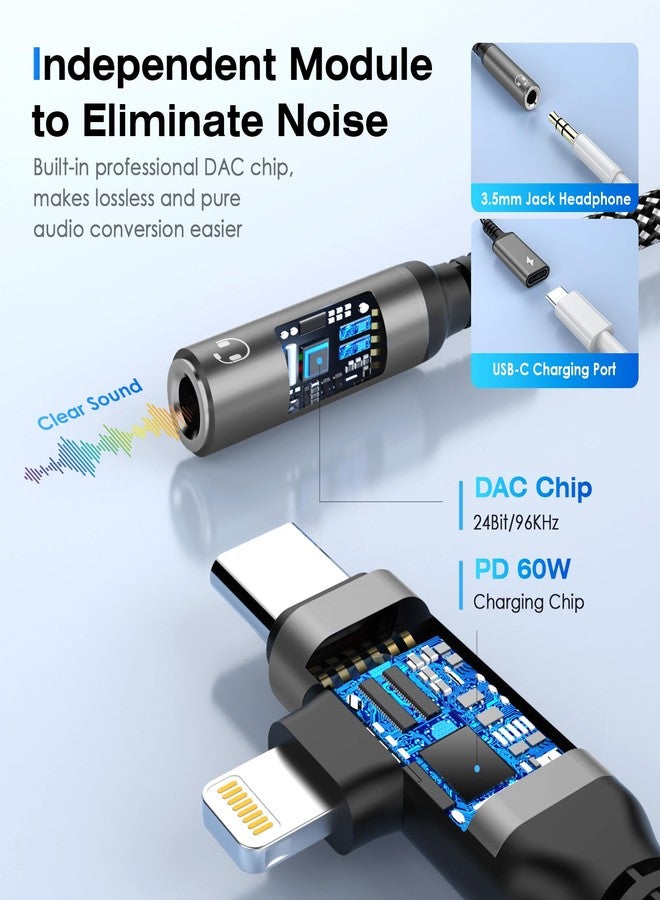 Rocketek 2 in 1 Light-ning Adapter + USB-C Jack 3.5 mm and Charging PD 60W Type C Headphone Adapter iPhone Jack Lighning Adapter Dongle HiFi Aux Splitter for iPhone 16/15/14/13/12/11/X/Pad/Samsung - Image 2