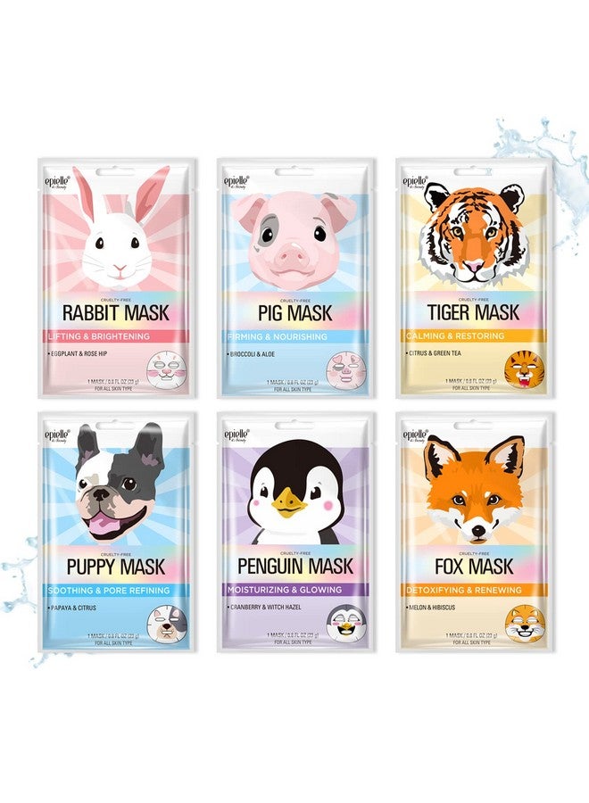 Epielle Animal Character Sheet Masks | Korean Beauty Masks for All Skin Types | Pack of 6 | Kids Face Mask, Birthday Party Gift, Girls' Night, Spa Day, Spa Night | Korean Skincare - Image 1