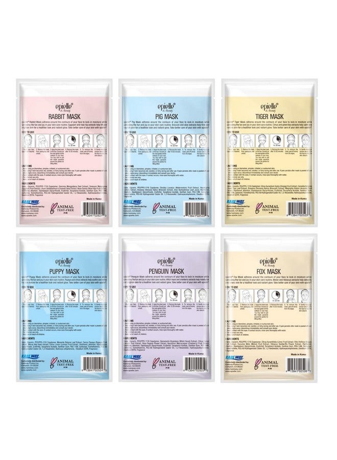 Epielle Animal Character Sheet Masks | Korean Beauty Masks for All Skin Types | Pack of 6 | Kids Face Mask, Birthday Party Gift, Girls' Night, Spa Day, Spa Night | Korean Skincare - Image 2