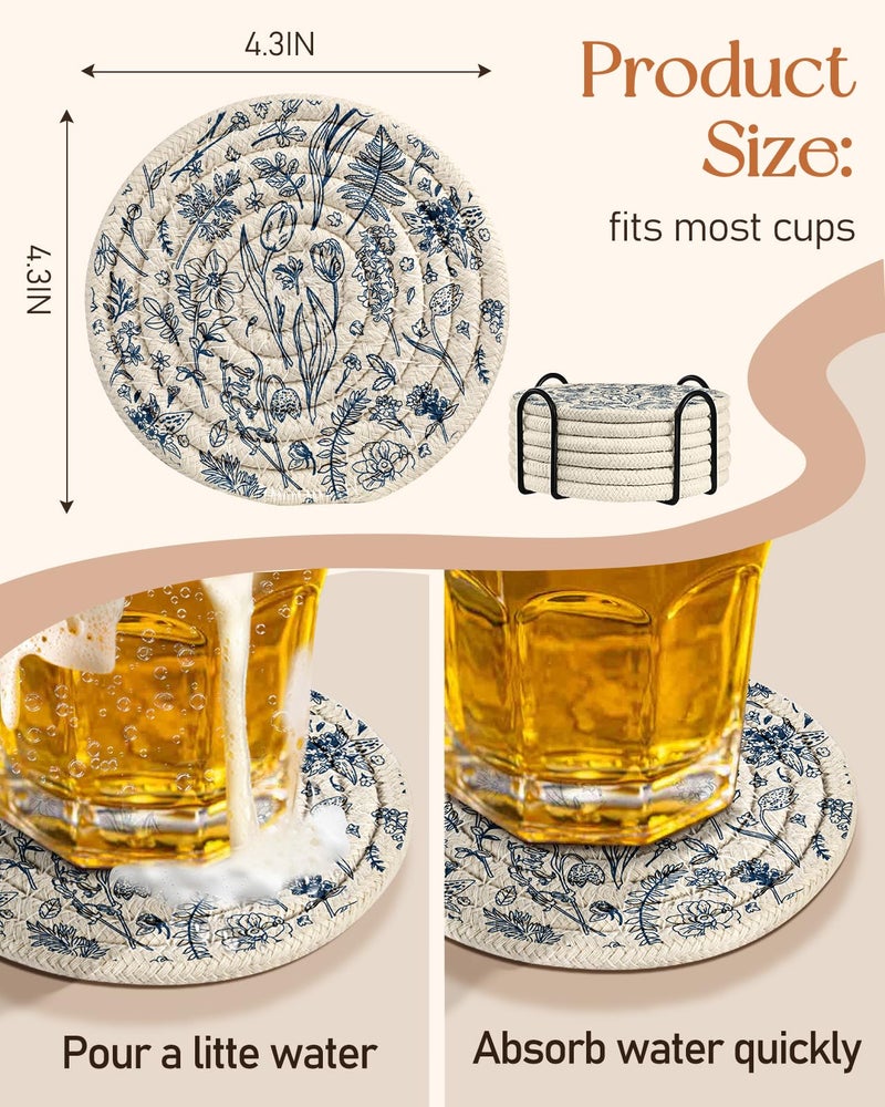 Kokaaee Cup Coasters for Drinks Absorbent - for Coffee Wooden Table Office Cute Farmhouse Outdoor Rustic Desk Kawaii Woven Women Soft Cloth Braided Fabric Floral Flower Coaster Set of 6 with Holder - Image 4