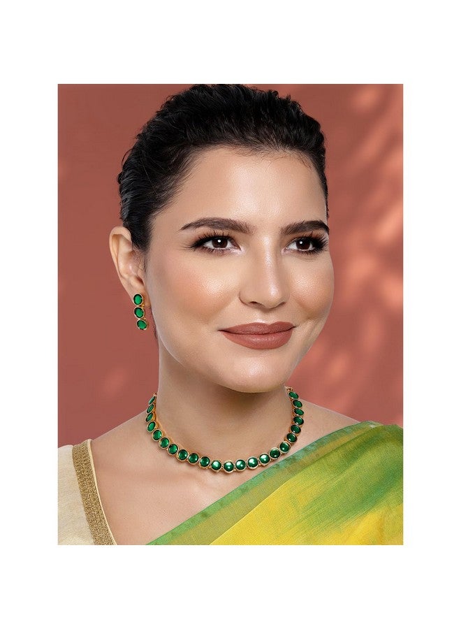 Peora Gold Plated Green Choker Necklace with Drop Earrings Traditional Jewellery Set Gift for Women Girls - Image 3
