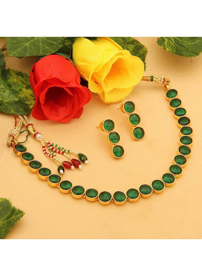 Peora Gold Plated Green Choker Necklace with Drop Earrings Traditional Jewellery Set Gift for Women Girls - Image 2