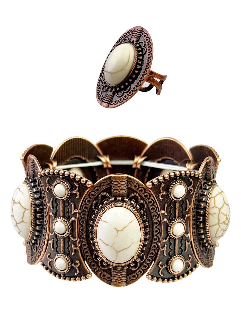 TOPACC White Turquoise Bracelets with Ring Western Cowgirl Stretch Bracelet for Women Boho Jewelry Set for Western Outfit - Image 1