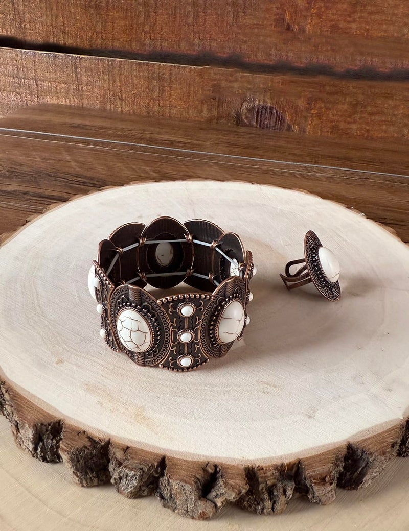 TOPACC White Turquoise Bracelets with Ring Western Cowgirl Stretch Bracelet for Women Boho Jewelry Set for Western Outfit - Image 4