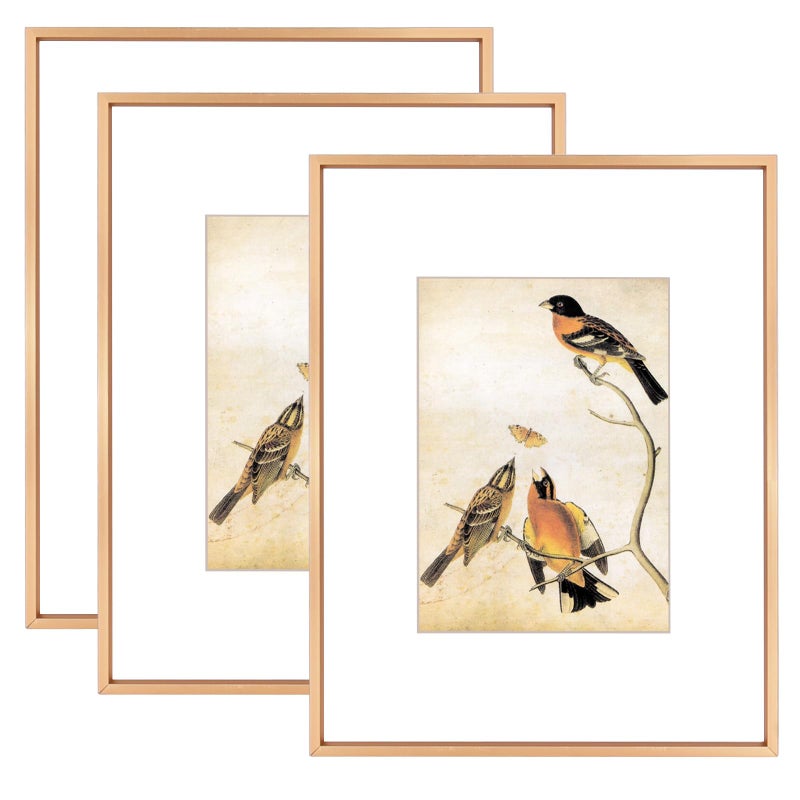 BKABOT 8.5x11 Picture Frame Set of 3  Gold Metal Photo Frames with HD Glass  Fits 5x7 with Mat or 8.5x11 without Mat  Wall Hanging and Table Display - Image 1