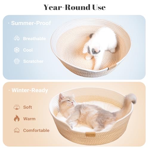 CHEERHOME PETS Cat Bed Basket with Cushion Cotton Rope Woven Pet Bed for Indoor Cats Couch Stimulicat Cat Bed Handwoven Breathable All Season Universal White - Image 3