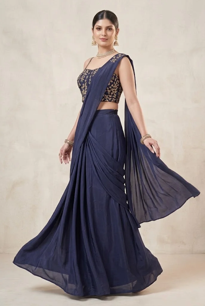 Viny VINY Navy Blue Embroidered Saree Set – Women's Indian Ethnic Wear