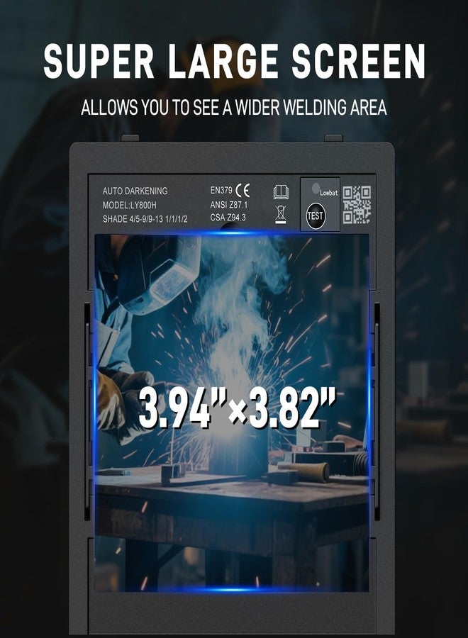 خوذة لحام ذاتية التعتيم 3.94 بوصة × 3.82 بوصة - جودة بصرية 1/1/1/2 - ألوان حقيقية - تعمل بالطاقة الشمسية والبطارية - 4 مستشعرات، زمن استجابة 0.1 مللي ثانية - نطاق تعتيم واسع DIN5~9/9~13 للحام SMAW، TIG، MIG، GTAW، والطحن - خفيفة الوزن - Image 3