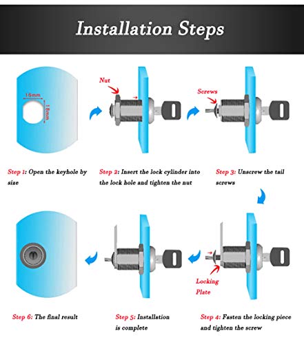 XMHF 16mm Cylinder Cam Lock Mailbox Cabinet Cupboard Drawer Furniture Tool Box Locker,90 Degree Rotation,Opens Counter-Clockwise, Keyed Different, 2Pcs - Image 5