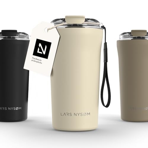 LARS NYSM كوب قهوة حراري LARS NYSM مع حزام 17 أونصة 05 لتر مع عزل مقاوم للتسرب من الفولاذ المقاوم للصدأ لكوب القهوة والشاي للذهاب لون لوزي بيج 500 مل