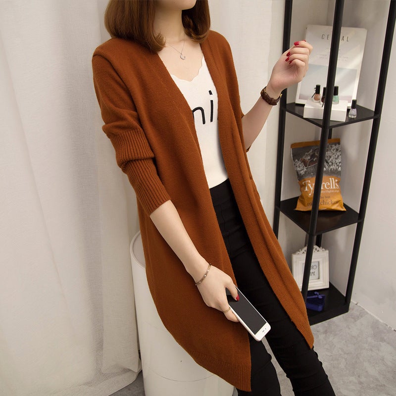 Korean Style Loose Knit Cardigan Womens Mid-Length Spring Autumn Coat Caramel  - Image 1