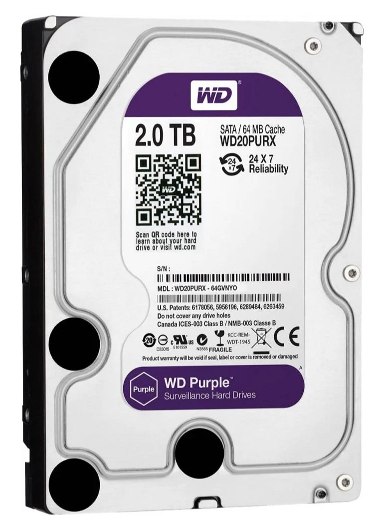الرقمية الغربية قرص صلب للمراقبة من ويسترن ديجيتال – 2 تيرابايت، WD20PURZ، 3.5 إنش، ساتا – اللون البنفسجي – مخصص لأجهزة DVR/NVR  - Image 1