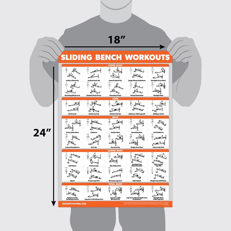 QUICKFIT Sliding Bench Workout Poster - Compatible with Total Gym, Weider Ultimate Body Works - Incline Bench Exercise Chart (LAMINATED, 18" x 24") - Image 2
