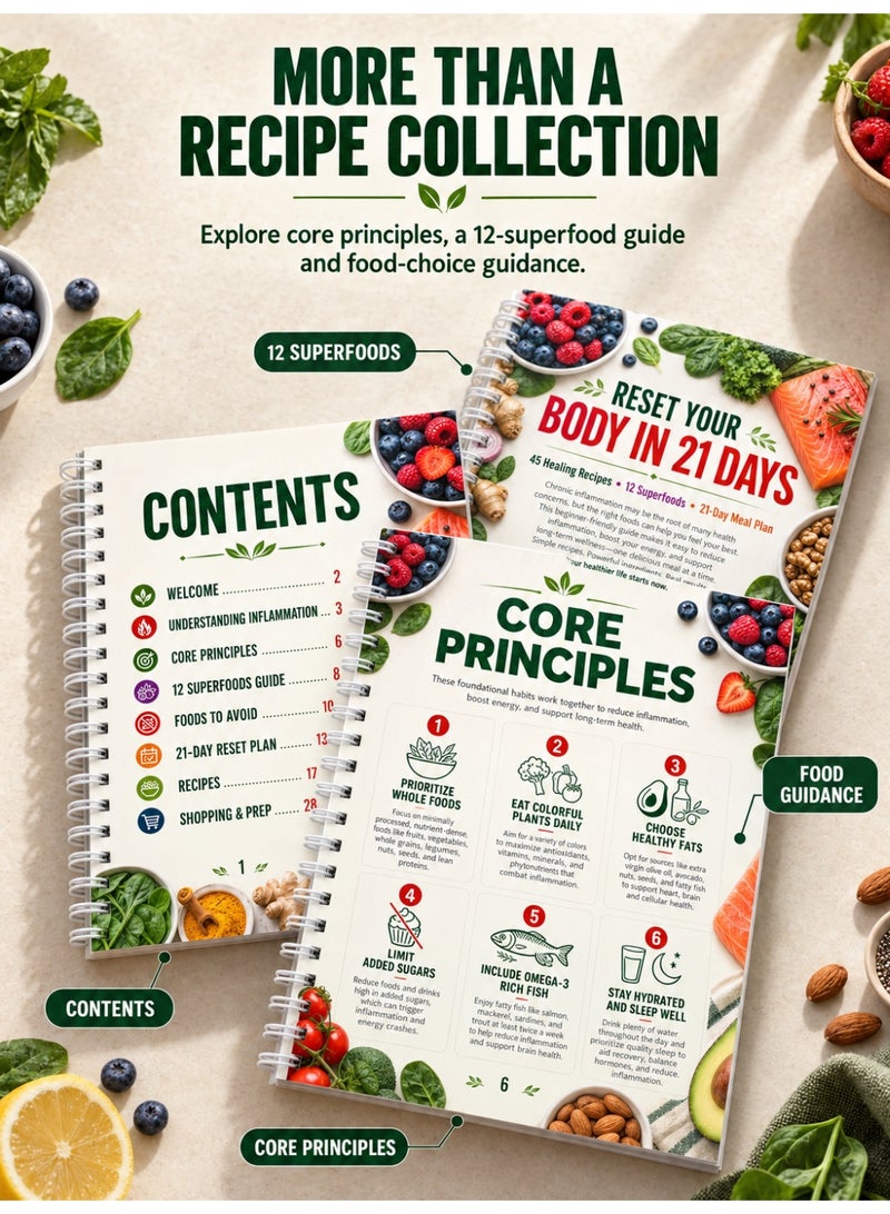 YIQUAN 21-Day Body Reset Meal Plan Guide, Anti-Inflammatory Diet Recipe Book with 45+ Healthy Recipes, Food Guidance, Shopping Lists and Meal Planning Workbook, Spiral Bound Nutrition Guide for Beginners - Image 5