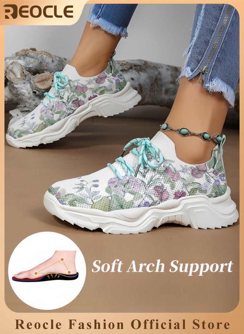 REOCLE Women's Sneakers with Floral Printed Orthopedic Sneakers Lace-up Mesh Breathable Shoes Casual Lightweight Tennis Shoes for Running & Walking - Image 1
