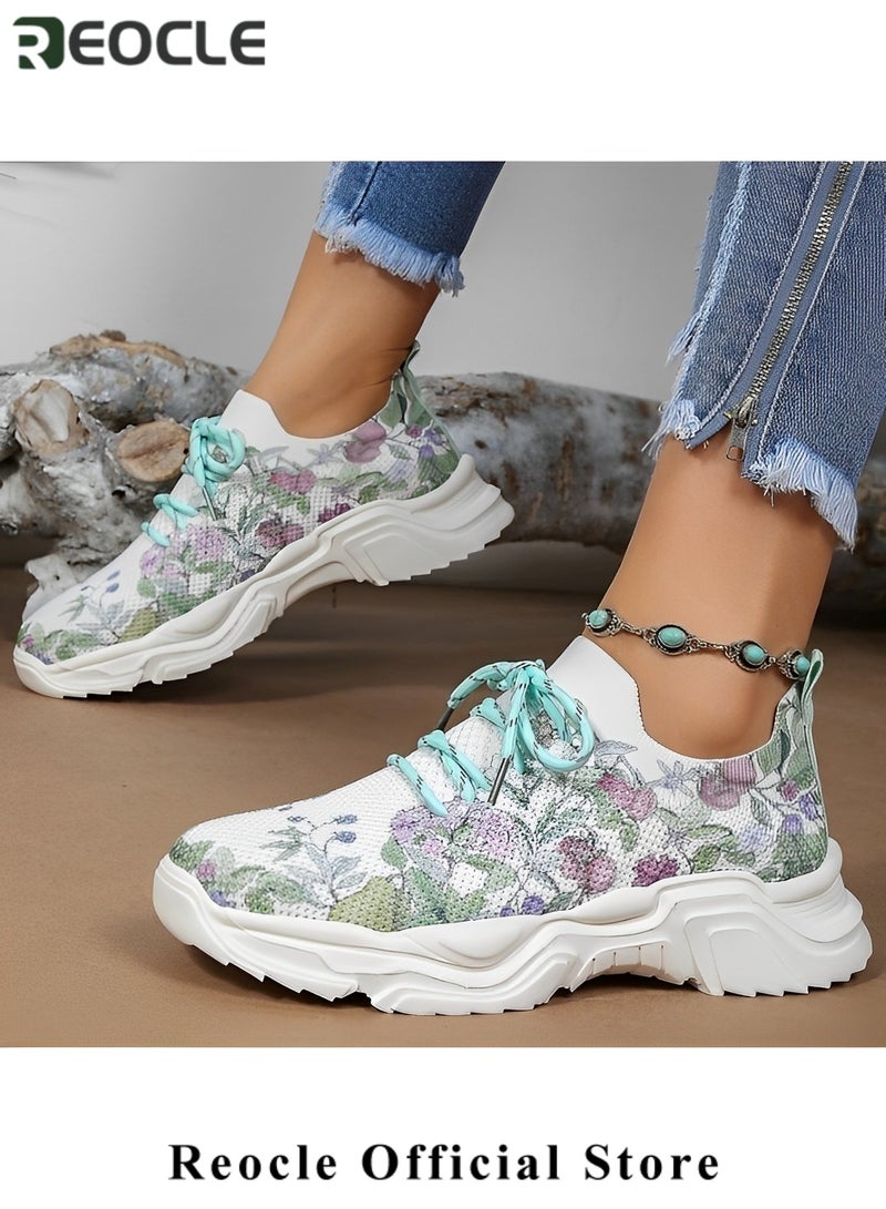 REOCLE Women's Sneakers with Floral Printed Orthopedic Sneakers Lace-up Mesh Breathable Shoes Casual Lightweight Tennis Shoes for Running & Walking - Image 2
