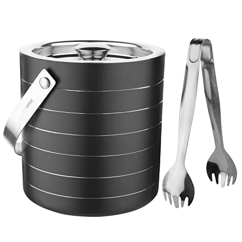 STEREN IMPEX Steren | Stainless Steel Double Wall Ice Bucket with Tong - Black Ring Design, Medium 1.5L | Perfect for Gifting - Image 1