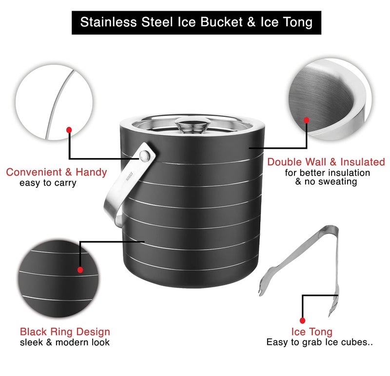 STEREN IMPEX Steren | Stainless Steel Double Wall Ice Bucket with Tong - Black Ring Design, Medium 1.5L | Perfect for Gifting - Image 5