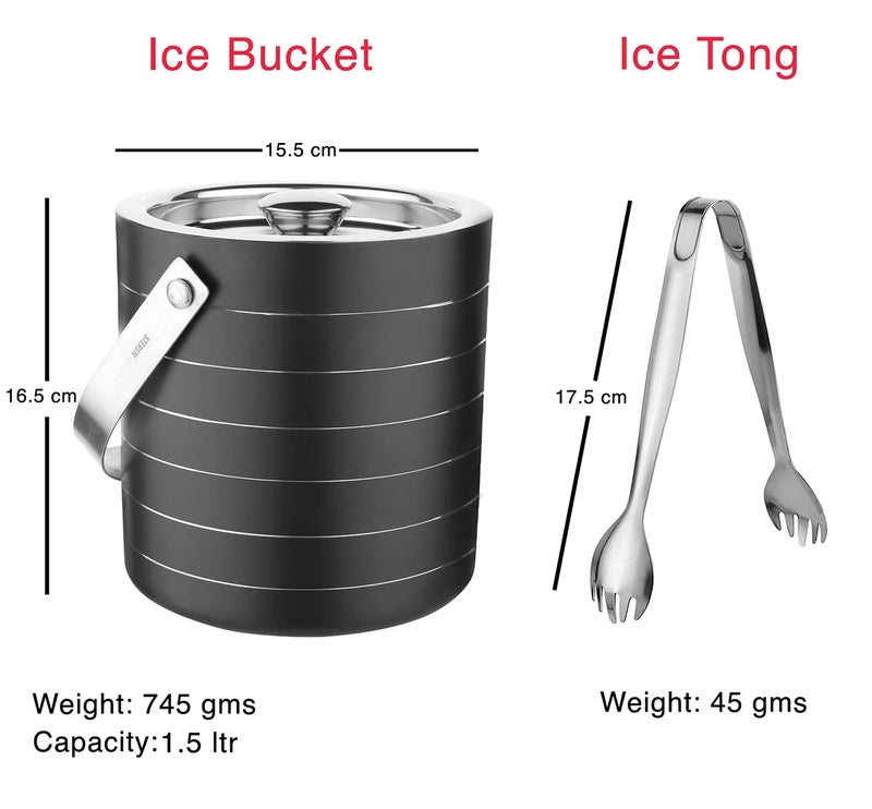 STEREN IMPEX Steren | Stainless Steel Double Wall Ice Bucket with Tong - Black Ring Design, Medium 1.5L | Perfect for Gifting - Image 3