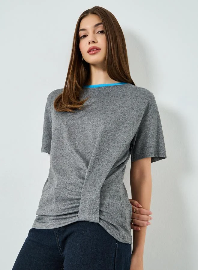 Styli Grey Twisted Hem T-Shirt with Contrast Neckline