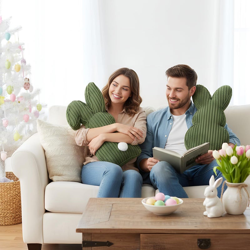 Fiwochic 2 Pcs Easter Bunny Shaped Pillow Cute Decorative Rabbit Throw Pillow Bunny Stuffed Soft Corduroy Striped Textured Cushion Case for Spring Easter Party Couch Sofa Home Decor, Olive Green - Image 3