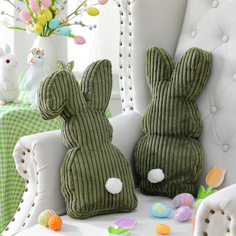 Fiwochic 2 Pcs Easter Bunny Shaped Pillow Cute Decorative Rabbit Throw Pillow Bunny Stuffed Soft Corduroy Striped Textured Cushion Case for Spring Easter Party Couch Sofa Home Decor, Olive Green - Image 1