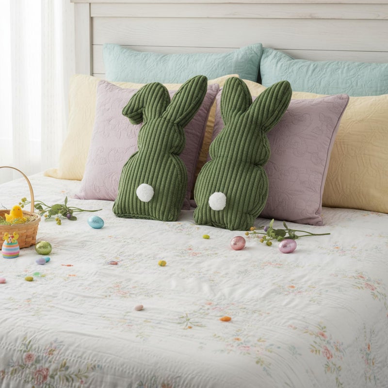 Fiwochic 2 Pcs Easter Bunny Shaped Pillow Cute Decorative Rabbit Throw Pillow Bunny Stuffed Soft Corduroy Striped Textured Cushion Case for Spring Easter Party Couch Sofa Home Decor, Olive Green - Image 5