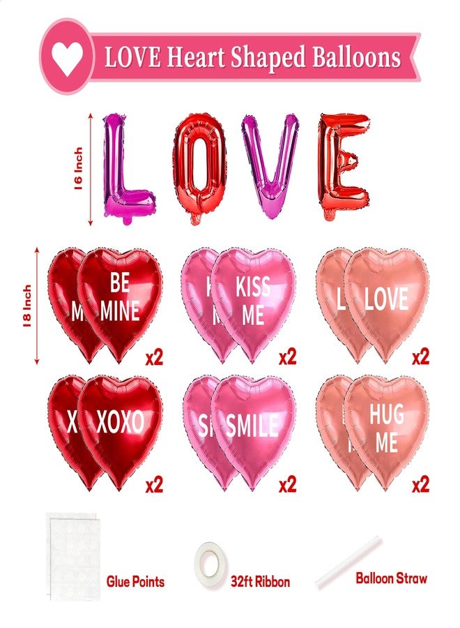 HALOGATE 16 Pcs Valentines Day Decorations, 18 Inch Heart Shaped Foil Balloons Red Pink Love Letter Candy Heart Balloon Romantic Conversation Hearts Decor for Wedding Anniversary Valentine Galentines Day Party - Image 2