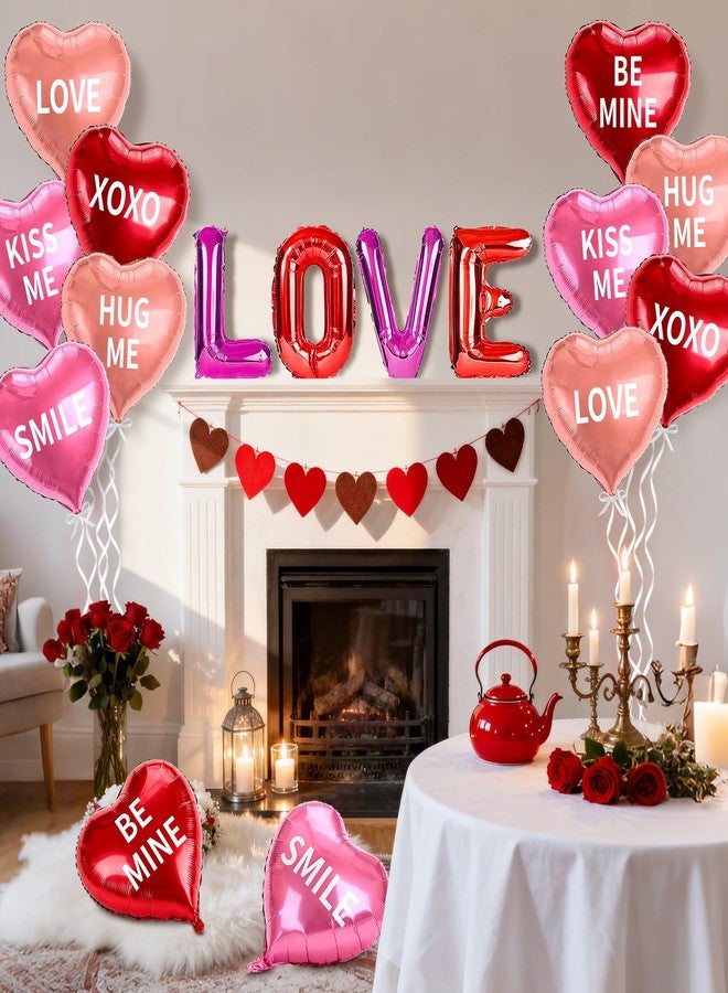 HALOGATE 16 Pcs Valentines Day Decorations, 18 Inch Heart Shaped Foil Balloons Red Pink Love Letter Candy Heart Balloon Romantic Conversation Hearts Decor for Wedding Anniversary Valentine Galentines Day Party - Image 3