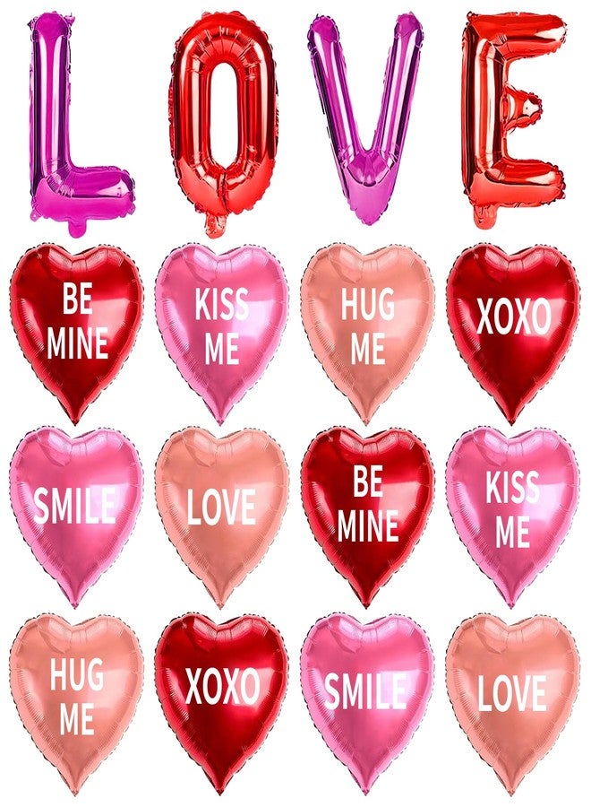 HALOGATE 16 Pcs Valentines Day Decorations, 18 Inch Heart Shaped Foil Balloons Red Pink Love Letter Candy Heart Balloon Romantic Conversation Hearts Decor for Wedding Anniversary Valentine Galentines Day Party - Image 1