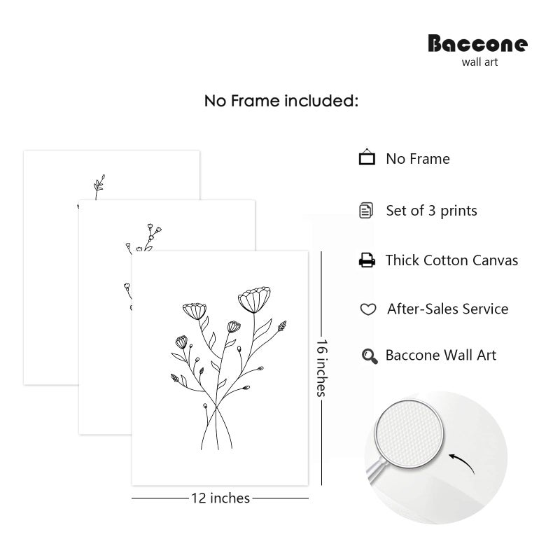 Baccone Flower Line Wall Art Set of 3 Botanical Canvas Wall Decor Floral Minimalist Wall Art Abstract Plant Pictures Flower Line Prints Black White Floral Artwork for Room Bedroom 12x16 Inch Unframed - Image 2