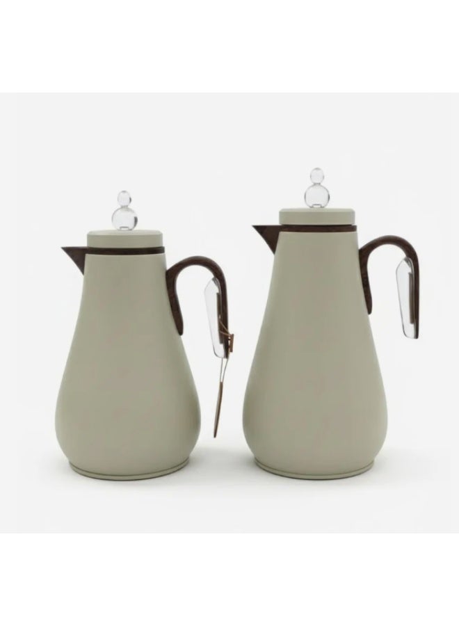 Mahra Premium Dual Vacuum Flask Set 1L + 0.7L – Elegant Cream Body with Wooden Brown Accents - Image 2