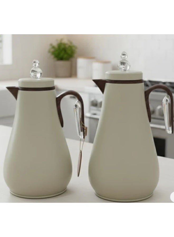 Mahra Premium Dual Vacuum Flask Set 1L + 0.7L – Elegant Cream Body with Wooden Brown Accents - Image 1
