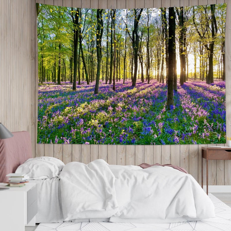 HVEST Forest Sunshine Tapestry Wall Hanging Spring Purple Lavender Morning Sunlight Through Green Trees Tapestry Nature Landscape Tapestries for Living Room Bedroom Aesthetic Decor, 40L x 60W Inches - Image 3