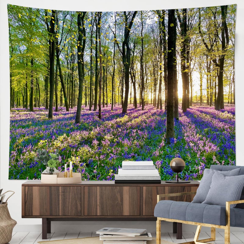HVEST Forest Sunshine Tapestry Wall Hanging Spring Purple Lavender Morning Sunlight Through Green Trees Tapestry Nature Landscape Tapestries for Living Room Bedroom Aesthetic Decor, 40L x 60W Inches - Image 4