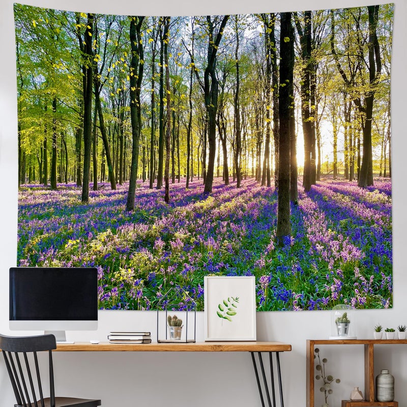HVEST Forest Sunshine Tapestry Wall Hanging Spring Purple Lavender Morning Sunlight Through Green Trees Tapestry Nature Landscape Tapestries for Living Room Bedroom Aesthetic Decor, 40L x 60W Inches - Image 2