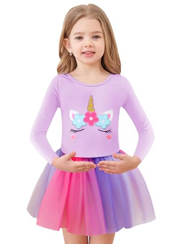 EQSJIU Ballerina Outfit for Girls 4-5 Kids Girls Classic Adorable Cotton Lavender Purple Unicorn Long Sleeve Leotard Dance Ballet Dress 4t 5t - Image 3