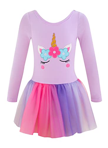 EQSJIU Ballerina Outfit for Girls 4-5 Kids Girls Classic Adorable Cotton Lavender Purple Unicorn Long Sleeve Leotard Dance Ballet Dress 4t 5t - Image 4