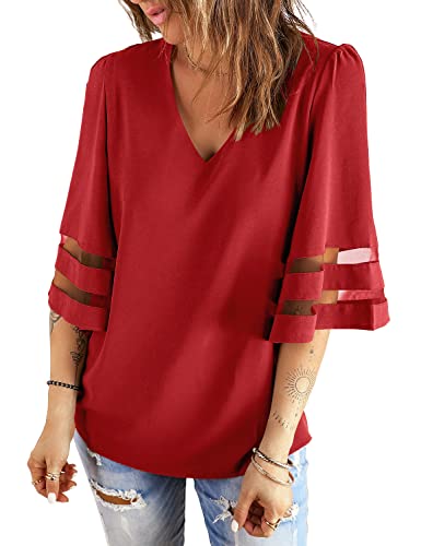 LookbookStore Red Tops for Women - Valentines Day & Summer Dressy Casual Trendy Blouses for Women - V-Neck Mesh Panel Tops - Size XL - Image 3
