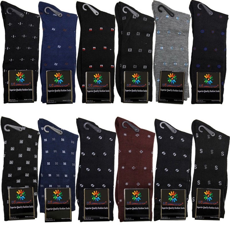 USBingoshop Mens Cotton Argyle Striped Solid Ribbed Black Crew Dress Socks1013 Geo pack of 12